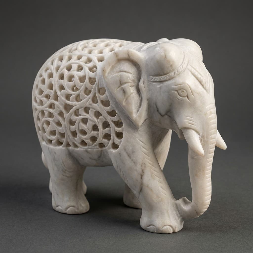 Artisan Hand-Carved Lattice Stone Elephant Sculpture - hero-light