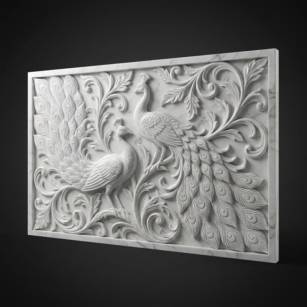 Majestic Hand-Carved Peacock Relief Stone Wall Mural - hero-light