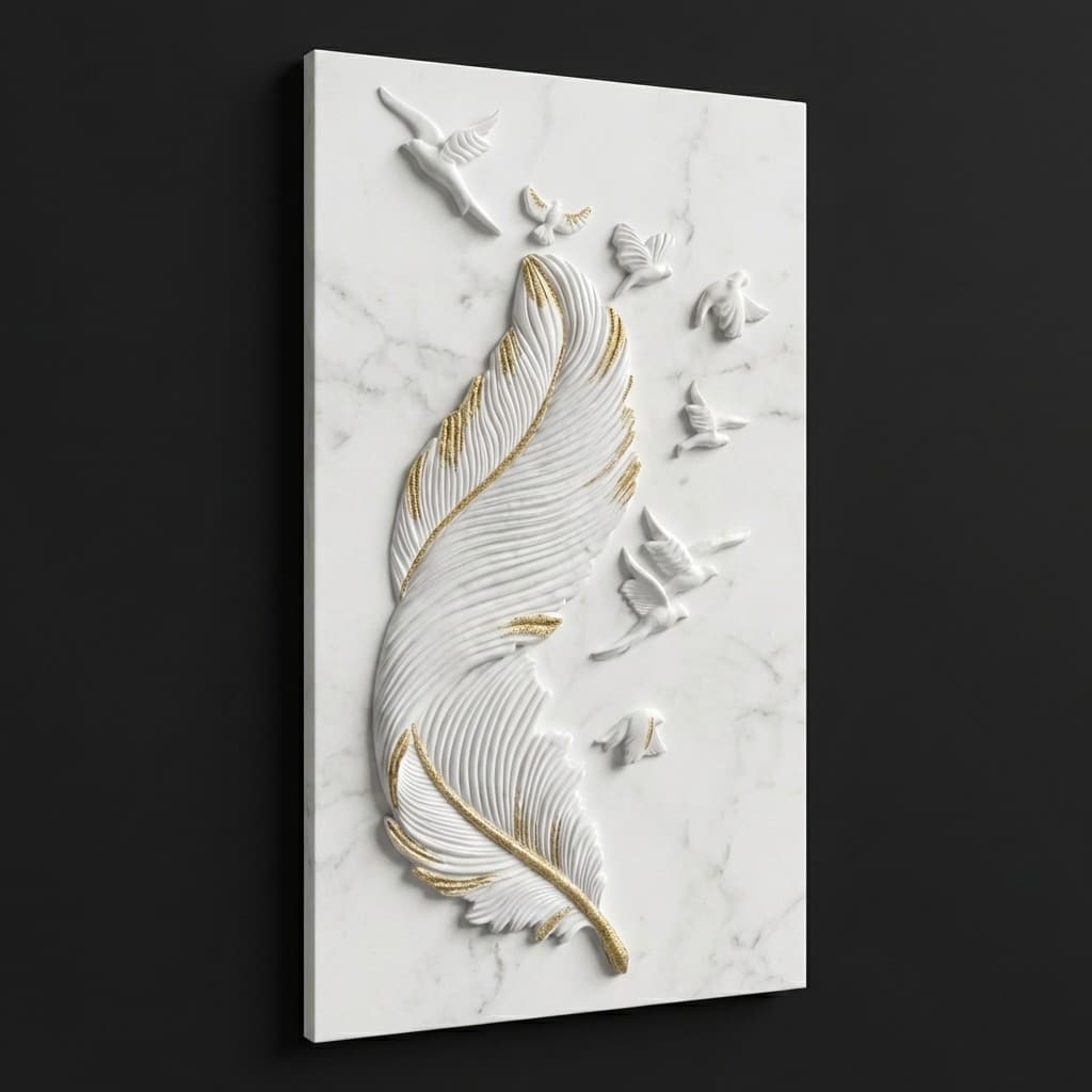 Exquisite Handcrafted Textured Feather and Birds Stone Mural - hero-light