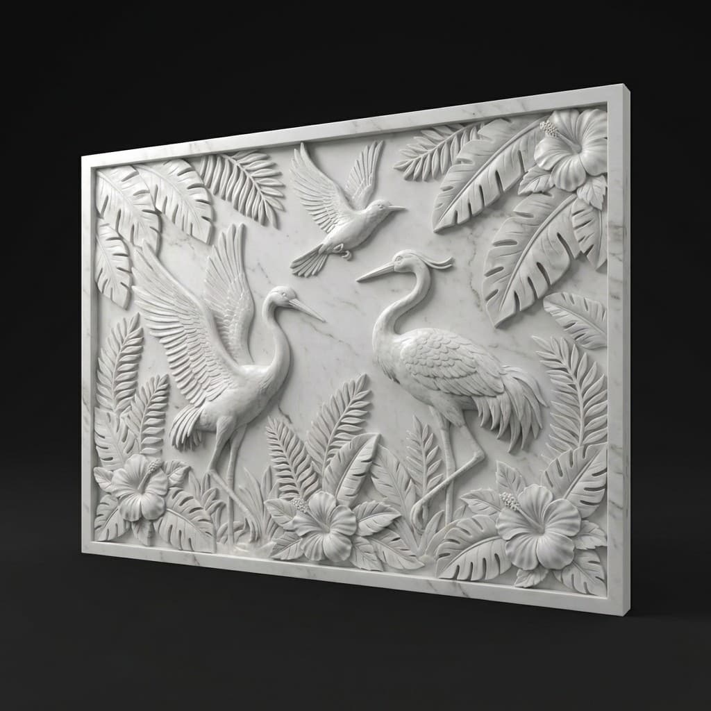 Hand-Carved Nature and Tropical Birds Stone Wall Mural - hero-light