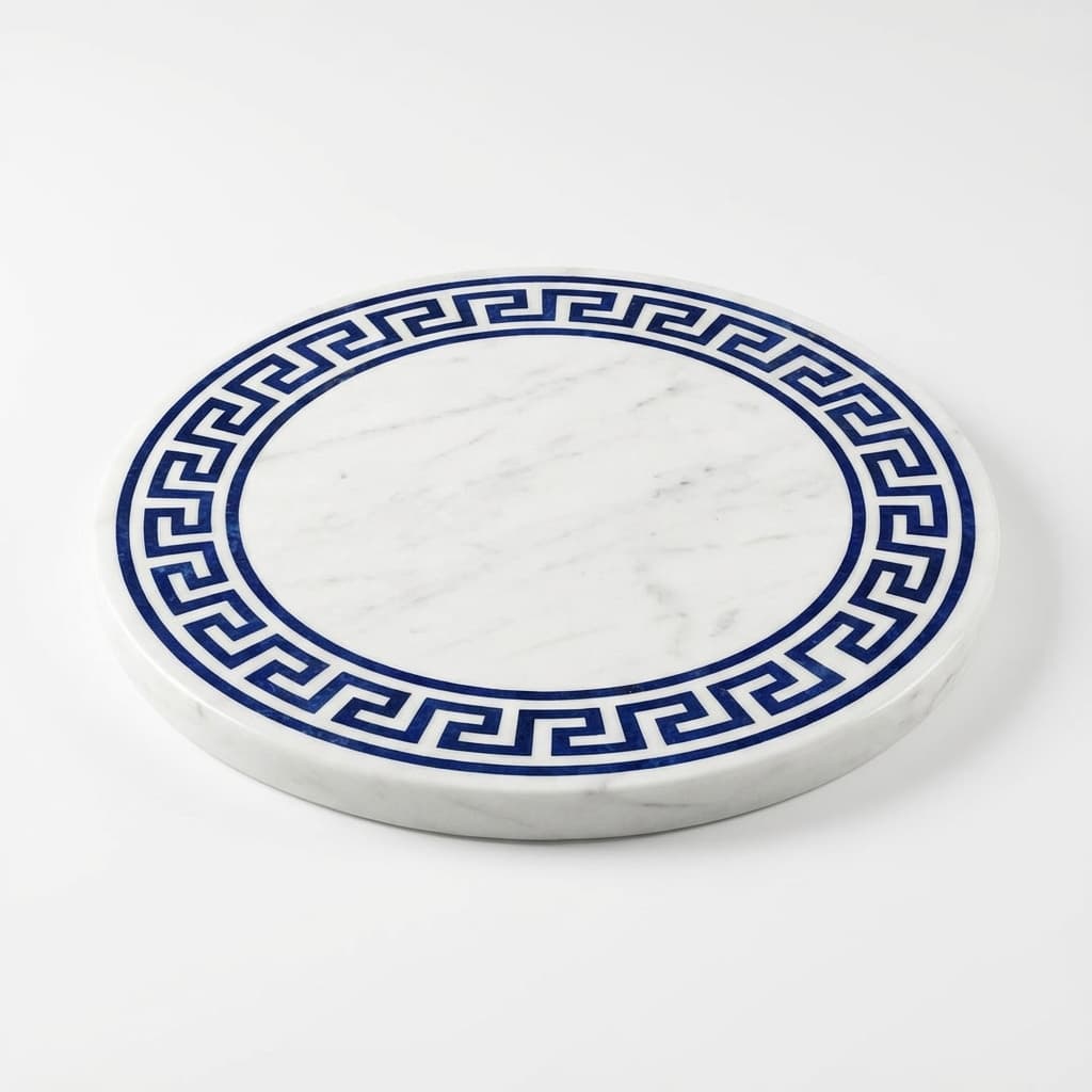 Artisan Hand-Carved Round Stone Tabletop with Inlay Border - hero-light