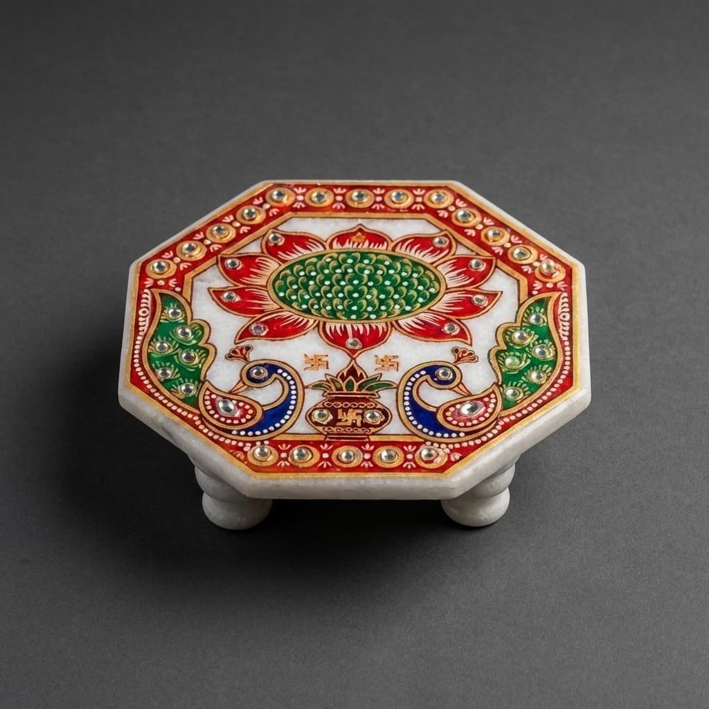 Exquisite Hand-Carved Peacock Octagonal Stone Chowki Pedestal Set - hero-light