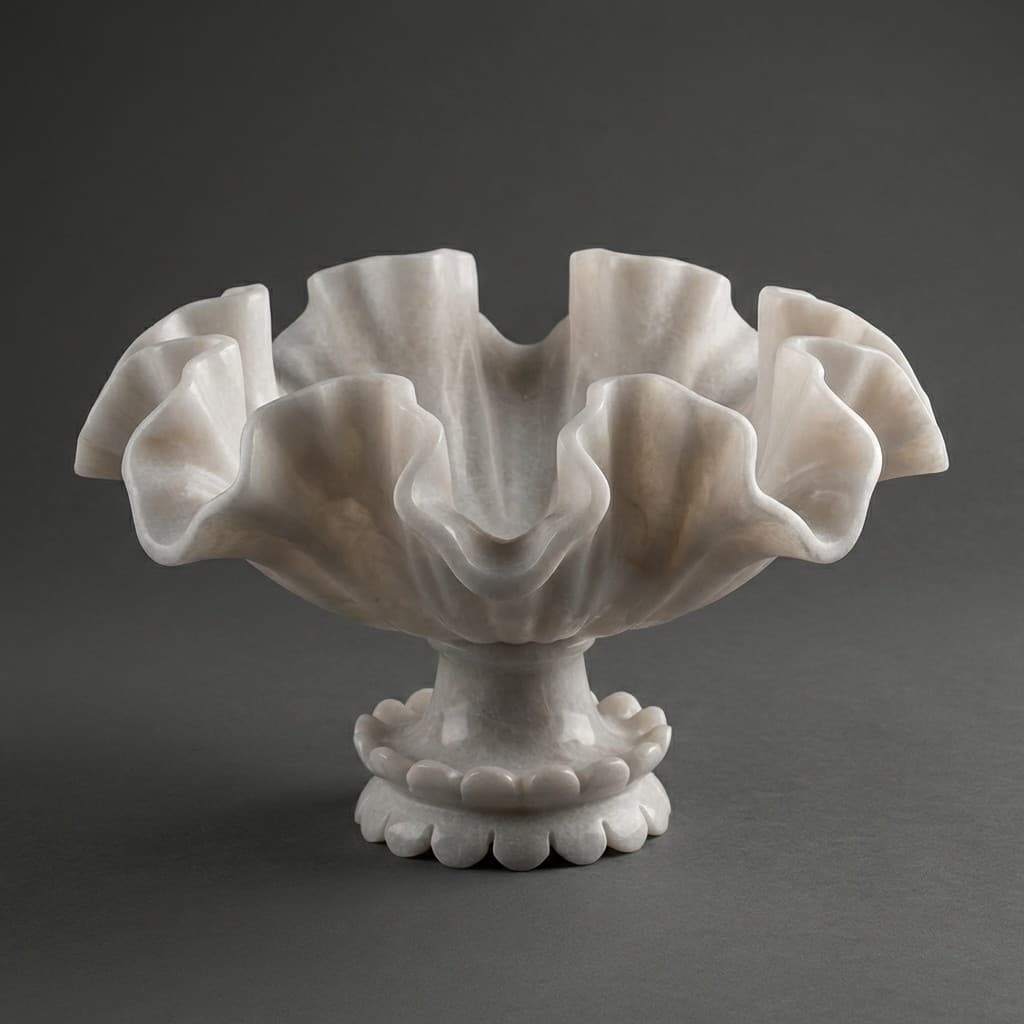Exquisite Artisan Hand-Carved Ruffle Stone Urli and Pedestal Bowl - hero-light
