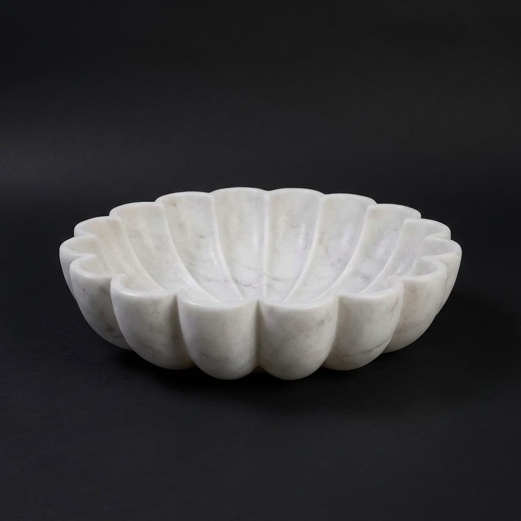Artisan Hand-Carved Scalloped Boule Stone Urli Bowl - hero-light