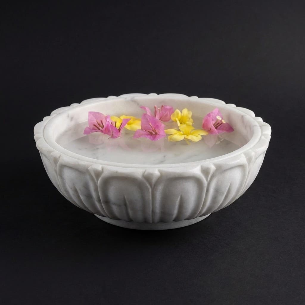 Artisan Hand-Carved Scalloped Floral Stone Urli Bowl
