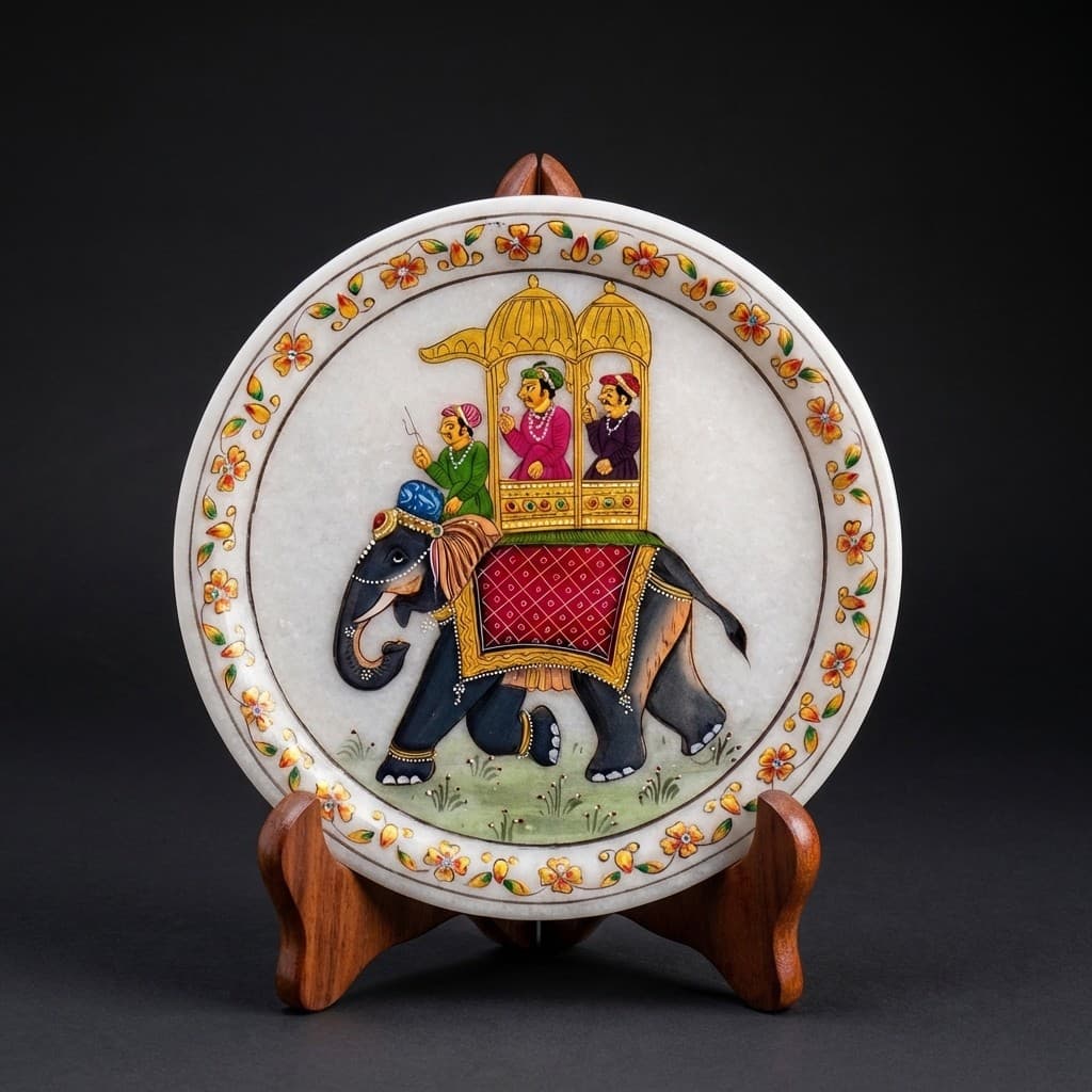 Hand-Painted Royal Elephant Artisan Stone Decorative Plate with Stand - hero-light