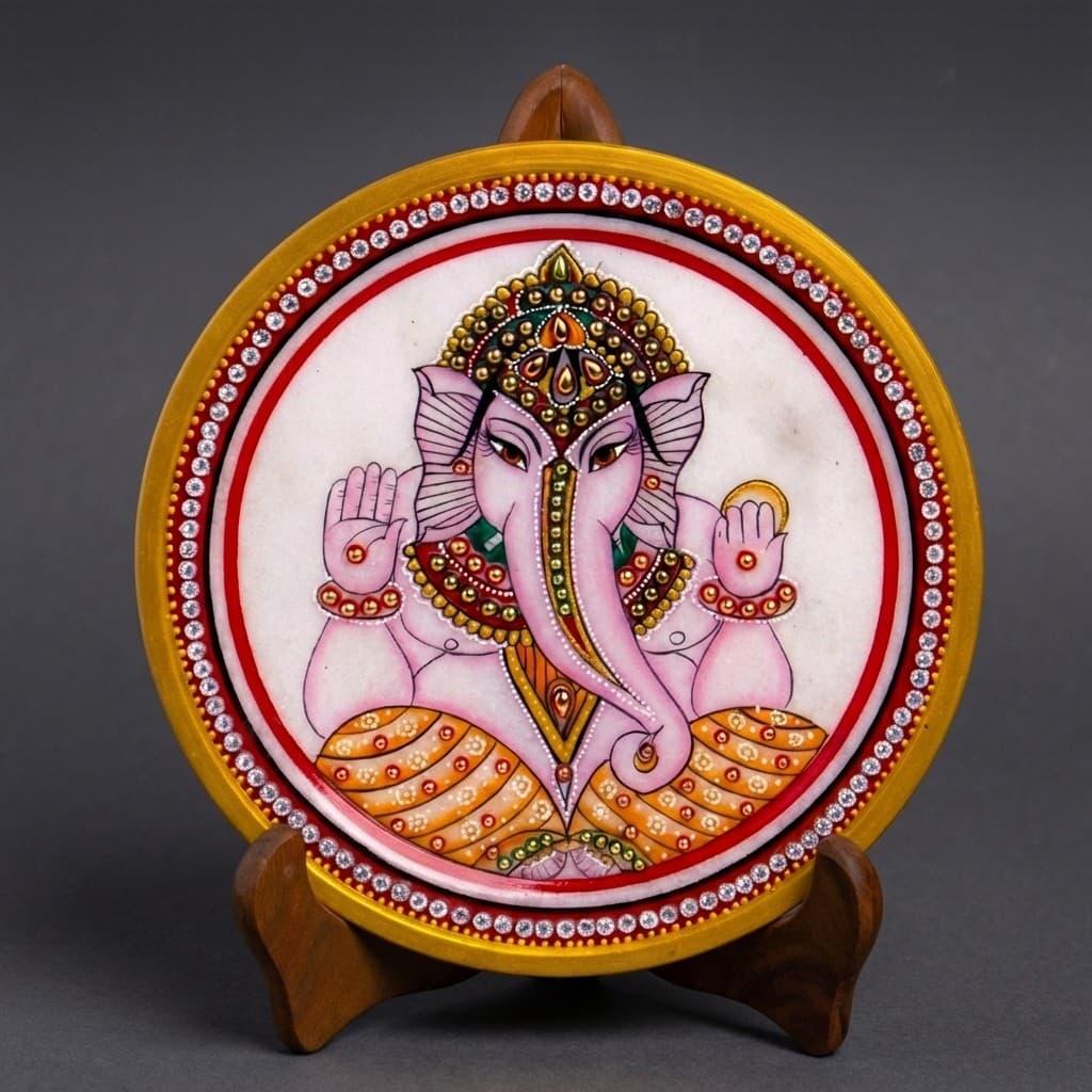 Artisan Hand-Painted Ganesha Stone Decorative Plate with Stand - hero-light