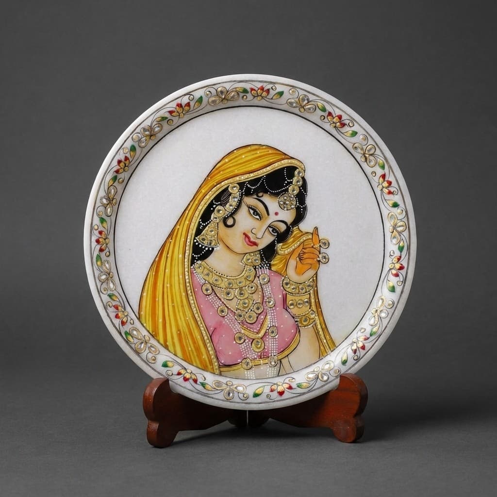 Artisan Hand-Painted Ragini Stone Decorative Plate with Stand - hero-light