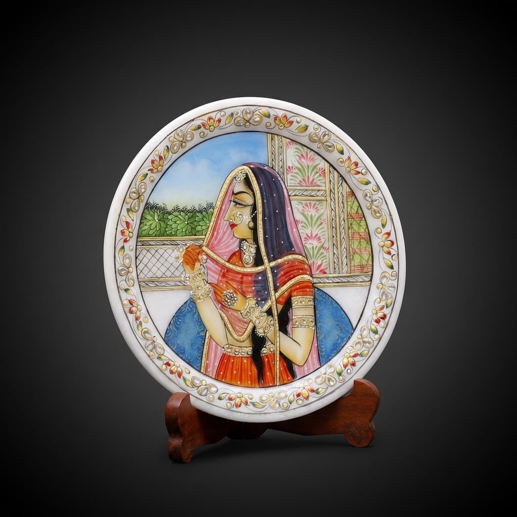 Artisan Hand-Painted Mughal Lady Decorative Stone Plate with Stand