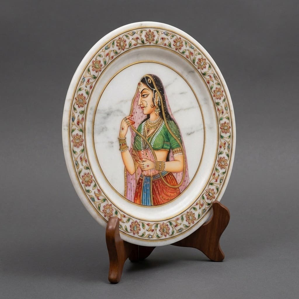 Artisan Hand-Painted Ragini Stone Decorative Plate with Wooden Stand - hero-light