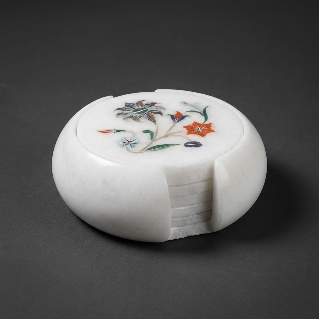 Hand-Carved Floral Inlay Artisan Stone Coasters - hero-light