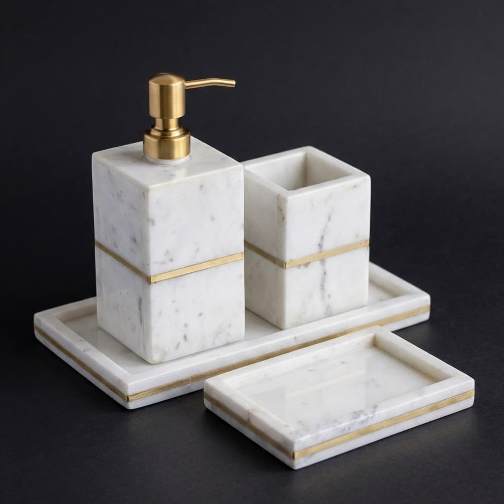 Exquisite Handcrafted Stone Bathroom Accessory Set with Artisanal Inlay - hero-light