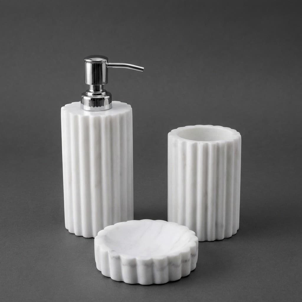 Handcrafted Fluted Stone Bathroom Accessories Set - hero-light