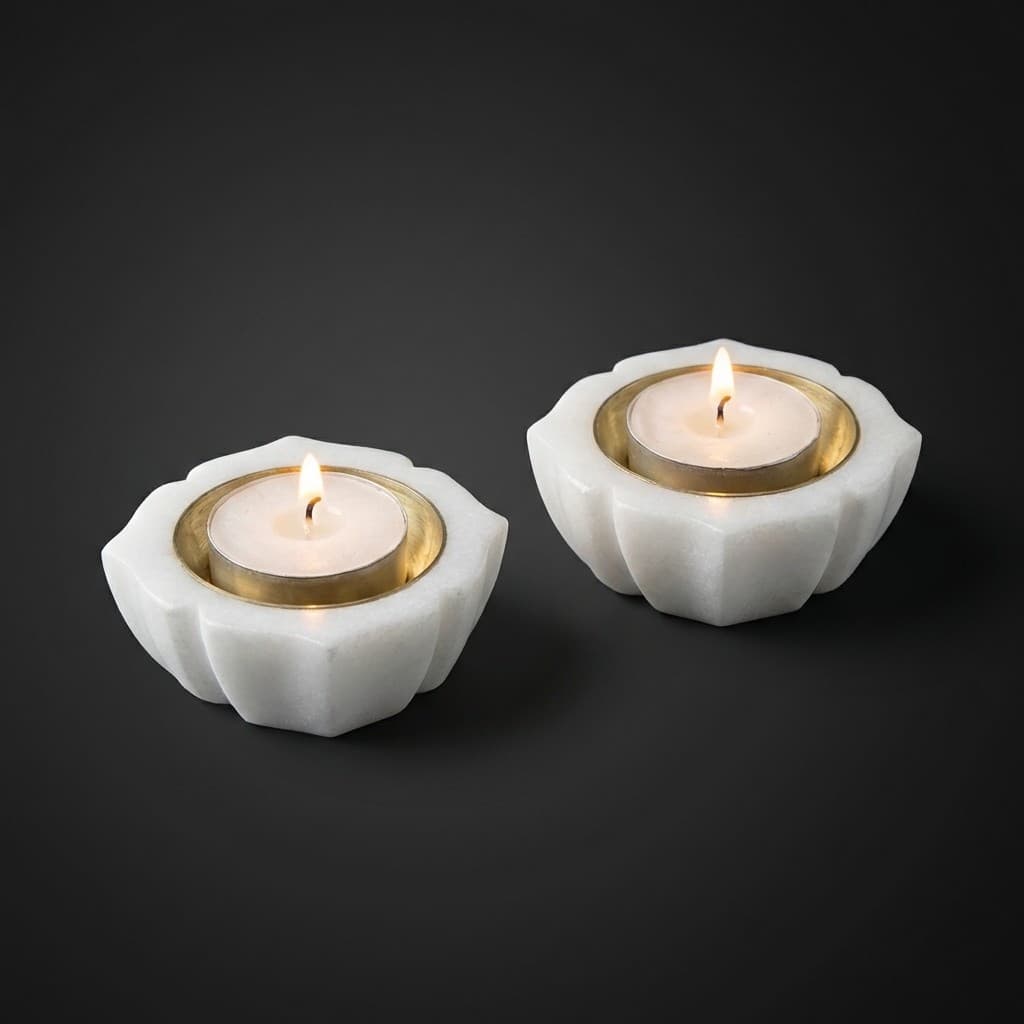Hand-Carved Lotus Floral Stone Candle Holders (Set of 2) - hero-light