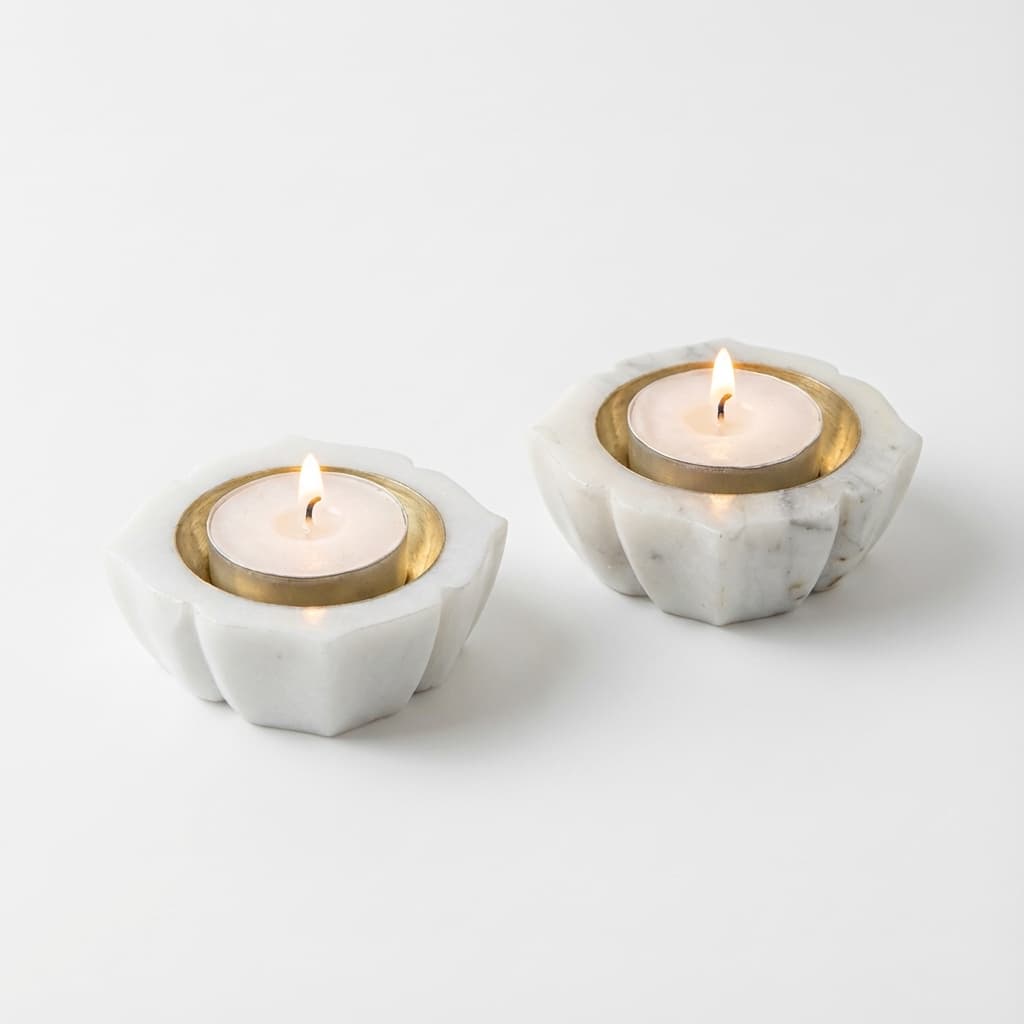 Hand-Carved Lotus Floral Stone Candle Holders (Set of 2)