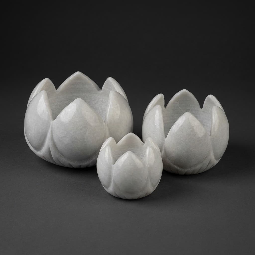 Hand-Carved Artisan Lotus Blossom Stone Candle Holder Set - hero-light