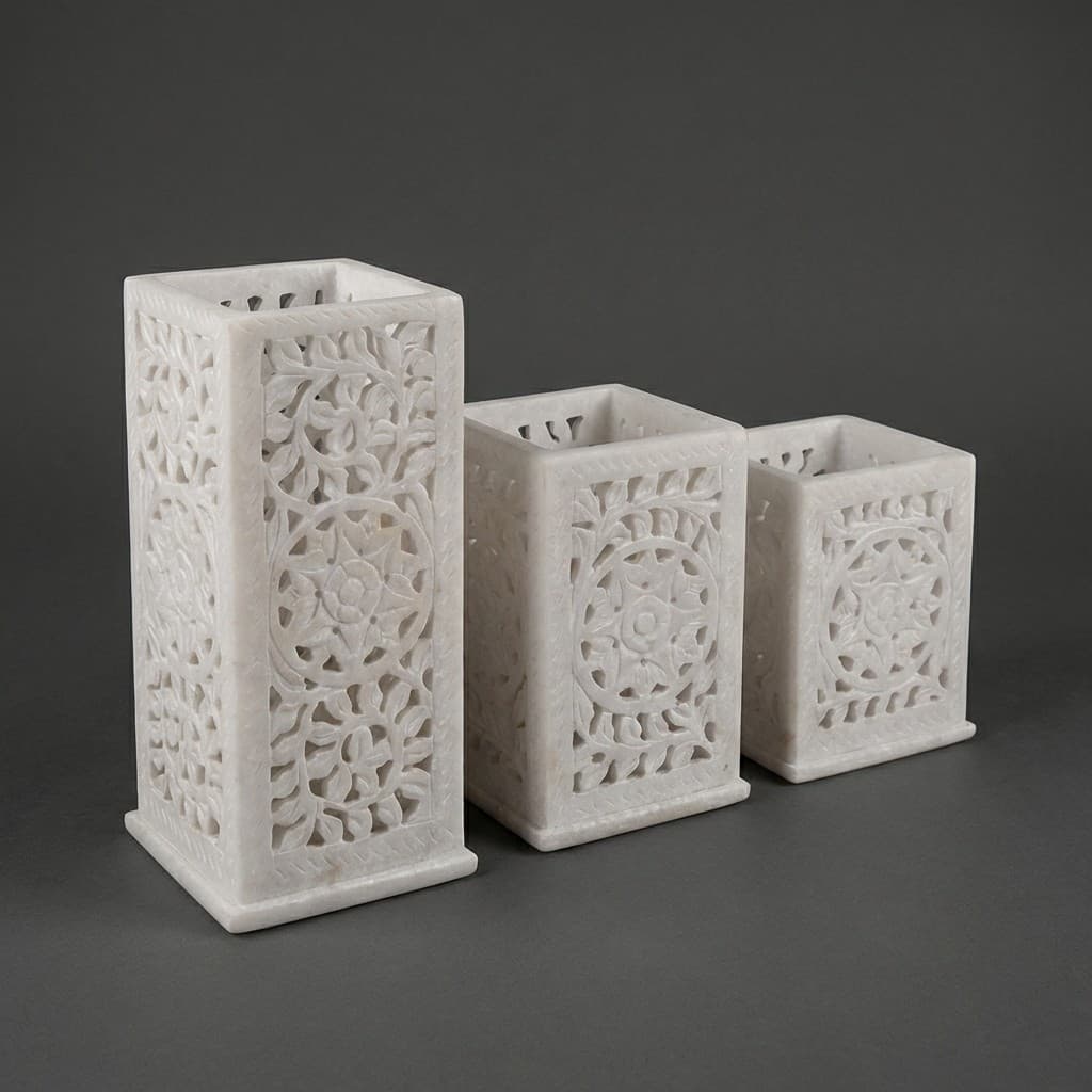 Exquisite Hand-Carved Floral Lattice Stone Candle Stands - Set of 3 - hero-light