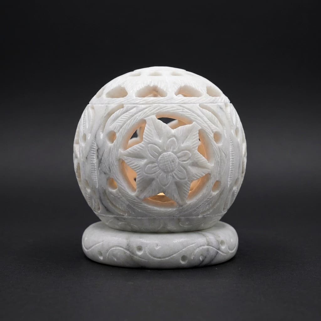 Artisan Floral Hand-Carved Stone Tea Light Holder - hero-light