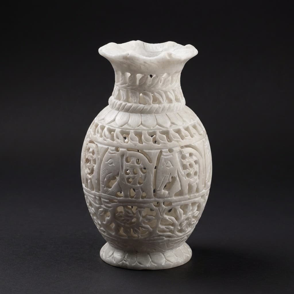 Artisan Hand-Carved Intricate Lattice Stone Vase - hero-light
