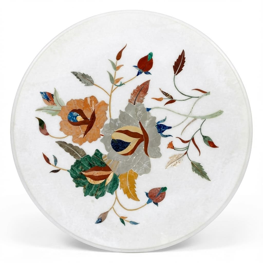 Exquisite Artisan Hand-Carved Stone Table Top with Floral Inlay Design - hero-light