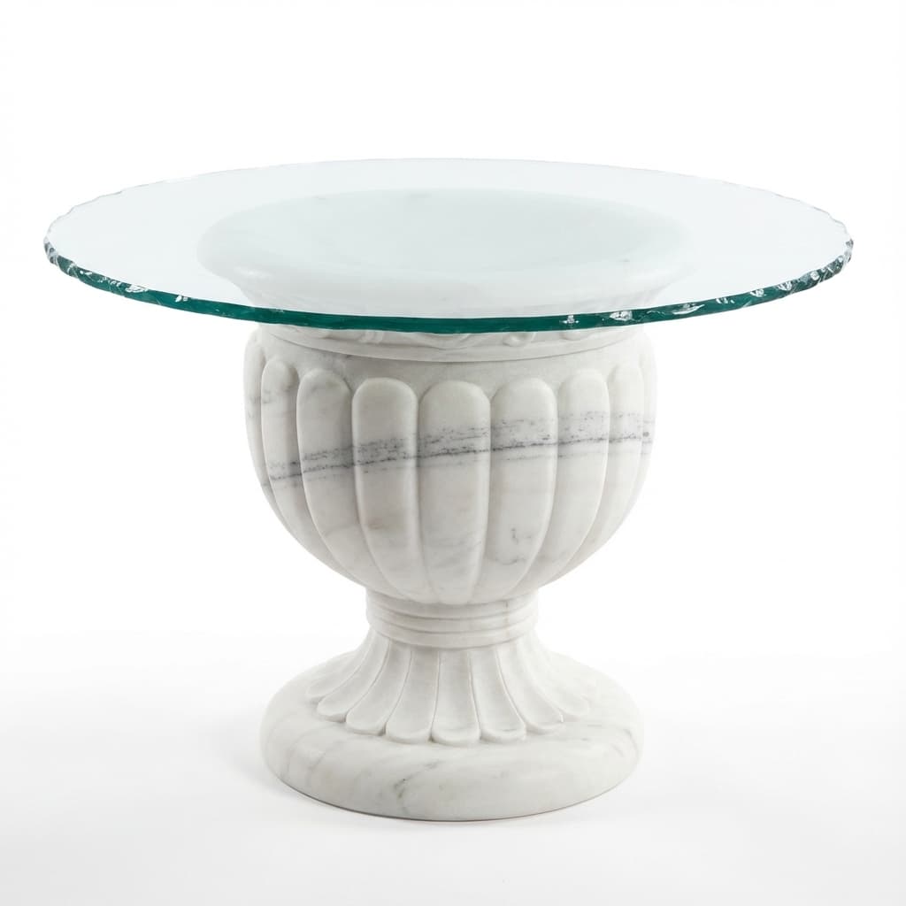 Hand-Carved Fluted Urn Stone Side Table with Polished Glass Top - hero-light