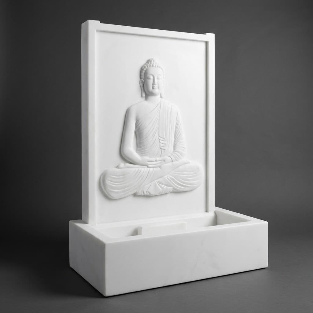 Artisan Hand-Carved Meditating Buddha Panel Stone Water Fountain